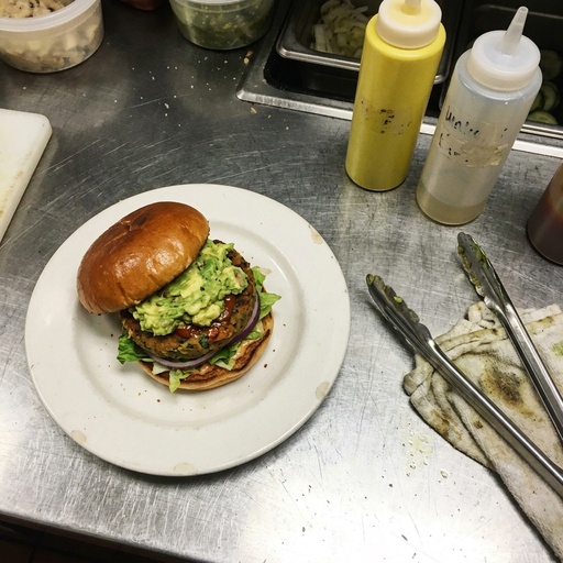 A burger as a raw phone photo, before retouching