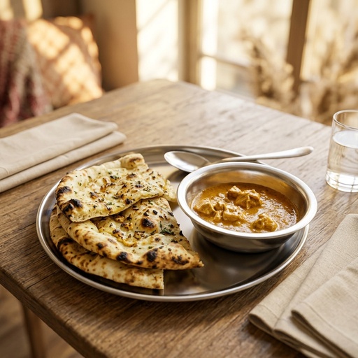 garlic naan with curry Indian, retouched after