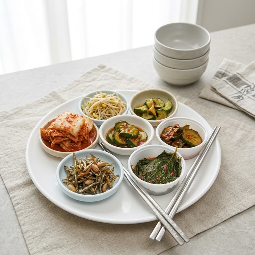 colourful banchan side dishes Korean BBQ, retouched after