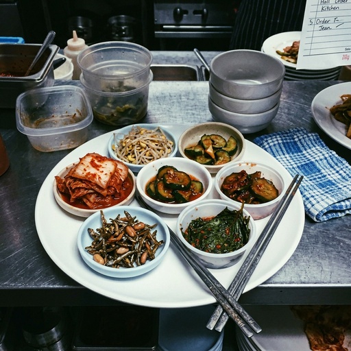 colourful banchan side dishes Korean BBQ, before