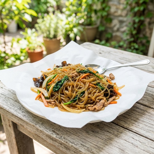 japchae glass noodles Korean BBQ, retouched after