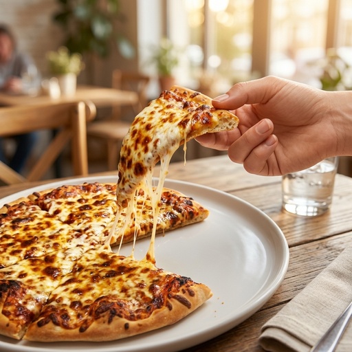cheese-pull slice being lifted Pizza, retouched after
