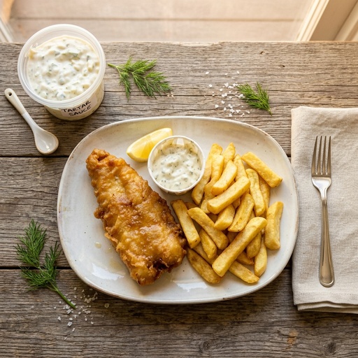 fish and chips Seafood & Raw Bar, retouched after